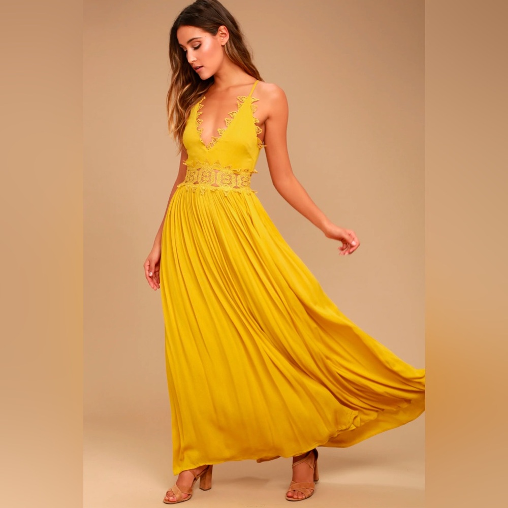 Yellow Plunge Neck Sleeveless Maxi Dress